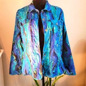 Chico Jacket Sz 2 Teal/Black Cotton w/tiny sequins